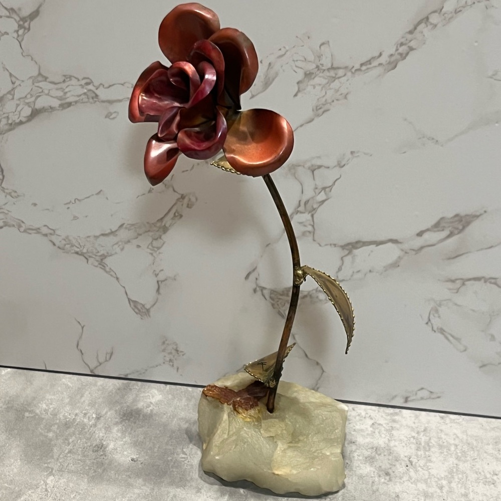 VINTAGE Mid Century Modern Rose Flower Leaves Copper Metal Art on Onyx Demott - Picture 2 of 11